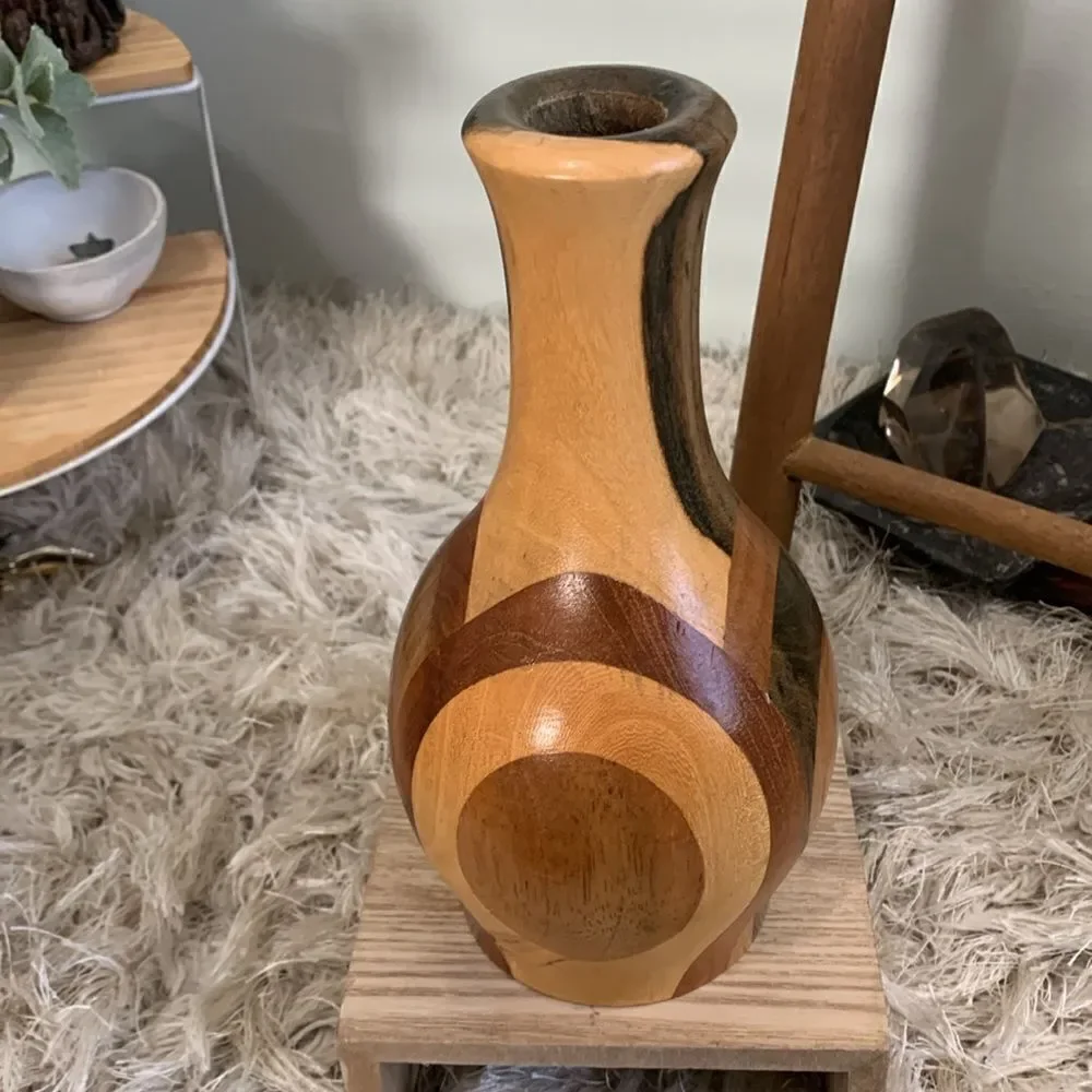 Decorative Handcrafted Wooden Vase Unsigned Made With Multiple Varieties Of Wood